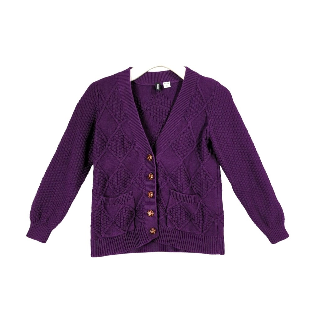 BDG Womens Grandmacore Preppy 100% Cotton Cardigan XS Purple Diamond Cable Knit